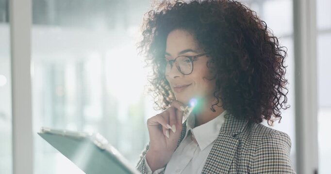 Thinking, tablet and research with business woman in office for case advisor, reflection or lawyer. Evidence report, court statement and vision with person in law firm for planning and attorney aid