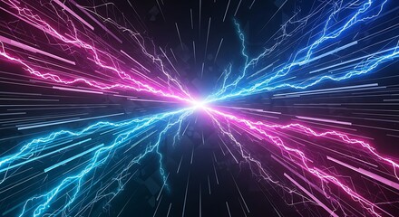 A mesmerizing cosmic dance unfolds as vibrant pink and blue energy streams converge at a central point, creating a captivating display of light and motion against the backdrop of space