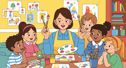 Happy teacher with group of diverse children painting in classroom. Preschool art class includes colorful paints, brushes, and creative projects. Students enjoy learning and making art.