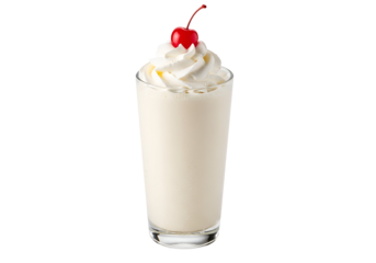 A glass of creamy milkshake topped with whipped cream and a maraschino cherry.