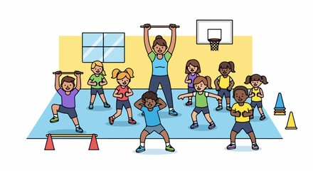 Kids gym class with teacher and children doing exercises. Energetic kids gym class includes stretching and strength training exercises.