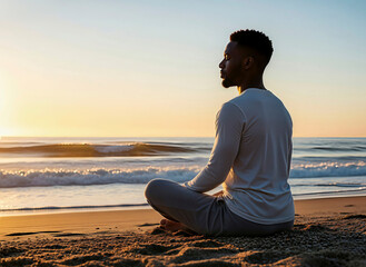 Man meditating on the beach at sunrise in yoga position. Serene mindfulness and peacefulness at the coast. Spiritual practice, mindfulness, inner peace.
