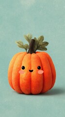 Cute and cheerful pumpkin with a friendly face and green leaves against a light blue background in autumn setting