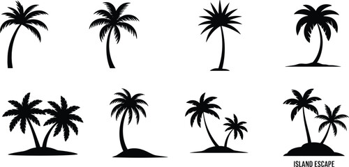 Silhouettes of tropical palm trees, island escape, nature, beach vacation, summer vibes, exotic plants, tropical paradise, relaxation, coastal scenery, flat vector illustration