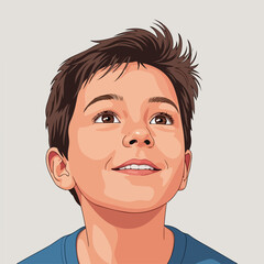 Portrait of cheerful kid looking up with smile, hopeful and optimistic. Kid looking up embodies innocence, dreams, and wonder.