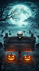 Skull and pumpkins decorate a spooky graveyard scene under a full moon. A scary seasonal depiction. Halloween decorations, creepy, graveyard silhouette.