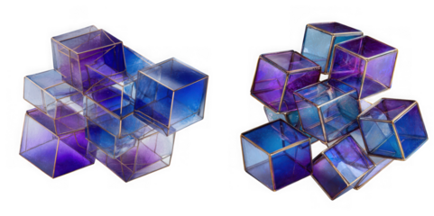 Abstract geometric arrangement of translucent purple and blue cubes with metallic edges, isolated on transparent background