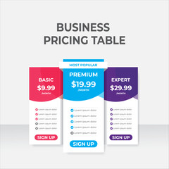 Gradient Pricing Table Infographic, Creative pricing table design for business plans with gradient style