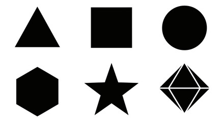 Geometric Shapes, Triangle, Square, Circle, Hexagon, Star, and Diamond, in a Monochrome Vector, Concept 