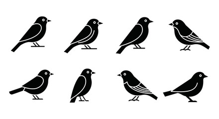 Elegant set of black bird silhouettes, a simple and minimal vector icon collection featuring various songbird poses, ideal for nature-themed graphic design.