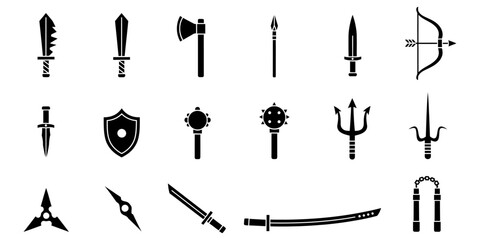 Vector Illustration of Diverse Weaponry, Knives, Swords, Axes, Archery, Shields, and Weaponry, .ai Files