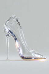 Transparent stiletto heel with glossy reflections, minimal design, clean white background.

