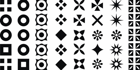 Grid of Black Geometric Icons and Symbols on White Background shape illustration