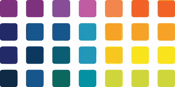 Grid of Rounded Squares in a Gradient of Purple, Blue, Teal, Green, and Orange Colors Keywords: color palette