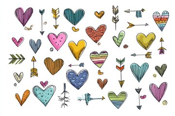 vector illustration set of hearts and arrow, cute kid doodle style
