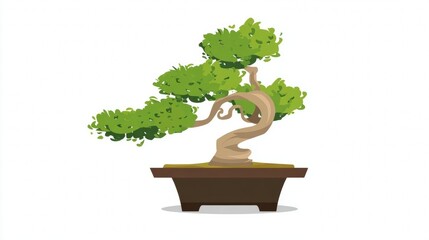 Bonsai tree in a brown pot with twisted trunk and green leaves.