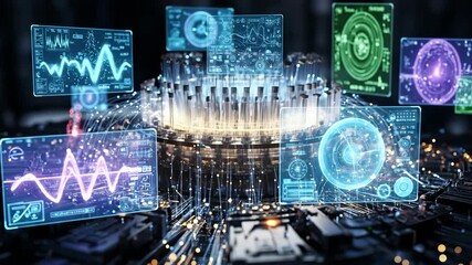 Quantum Computer Data Processing - Close-up view of a futuristic digital engine or quantum computer processing data, visualized with holographic displays showing various graphs and charts. - Powered by Adobe