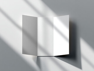 Open White Tri-Fold Brochure with Shadow on Light Gray Wall
