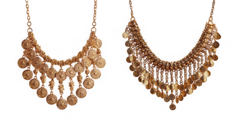 Two ornate gold necklaces with coinlike pendants, isolated on transparent background