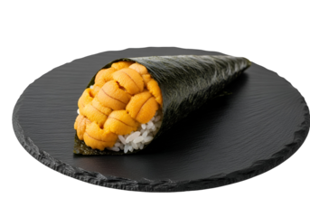 A single uni sushi roll, presented on a dark stone plate, is featured against a black background.