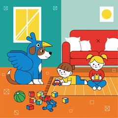 Home illustration shows playing children alongside playful puppy in cartoon style. Playful puppy looks at adorable children, boy playing with car and girl with present,