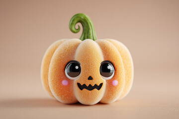 Halloween pumpkin with spooky carved smile, kawaii cartoon style, big eyes and cute expression, isolated on white background.


