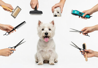 West Highland White Terrier posing surrounded by grooming tools in studio. Adorable and well-groomed dog ready for a haircut. Pet care, cute puppy, purebred breed.