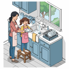 Washing dishes together shows mother and daughter at kitchen sink. Family washing dishes routine includes plates and cutlery after lunch.