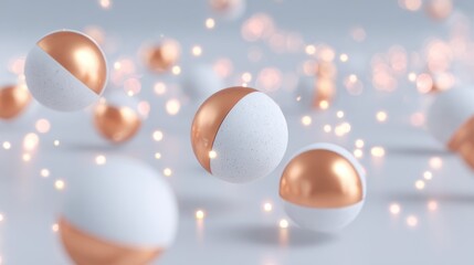 Elegant White and Rose Gold Spheres Floating in Soft Light Modern Abstract Art