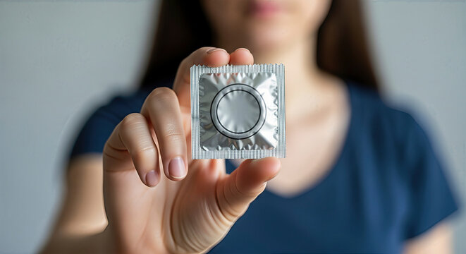 A woman holds a condom in her hand, showing the packaging. An essential for safe and responsible intimacy. Reproductive health, disease prevention, sexual protection. - Powered by Adobe