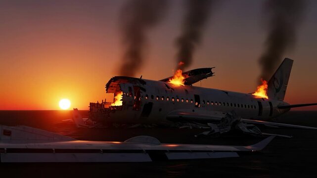 Burning Airplane Wreckage at Sunset - A dramatic shot of a burning airplane wreckage at sunset. The plane is severely damaged and engulfed in flames, with smoke billowing into the sky.