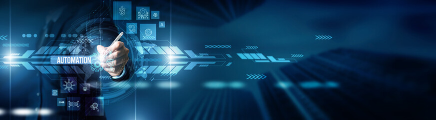 Technicians check automation workflows, robotics integration process optimization, and AI control systems, and seamless connection on virtual screens monitors productivity efficiency improvement.