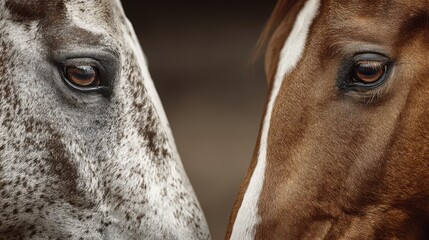 Close-up view of two horses showing distinct features and expressions, capturing a moment of connection in a tranquil setting