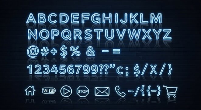 Neon Alphabet  Symbols Set.