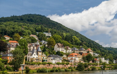 Naklejka premium Villas and apartments overlook the river, harmonizing city life with nature.