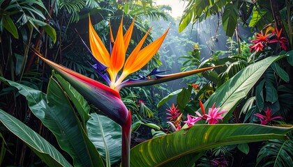 Vibrant tropical flower in lush foliage