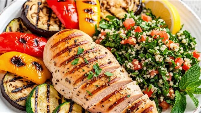 A healthy and delicious plate featuring perfectly grilled chicken breast, vibrant roasted vegetables, and a fresh, herbaceous tabbouleh salad.