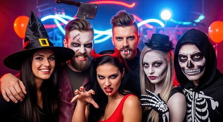 A group of friends in Halloween costumes, posing for a portrait in a studio. A captivating photograph displaying festivity and imagination. . Halloween celebration, costume party, spooky season