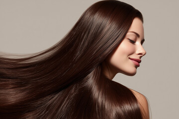 Obraz premium Girl with long, shiny hair gracefully posing against a neutral background during a beauty photoshoot Generative AI