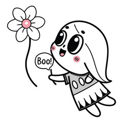 Obraz premium Adorable cartoon ghost character holding a flower and saying Boo with big eyes and blush cute