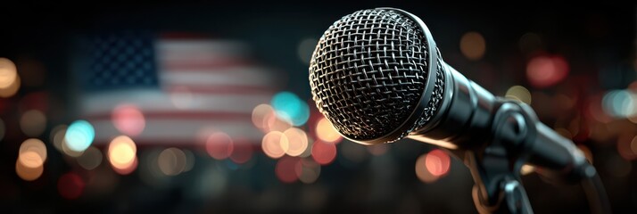 Microphone in front of American flag with blurred lights during a live performance evening