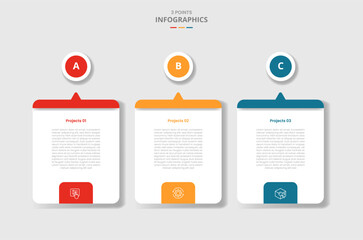 3 points template infographic with creative box with small arrow pointer and circle top badge with drop shadow style with three stage list information