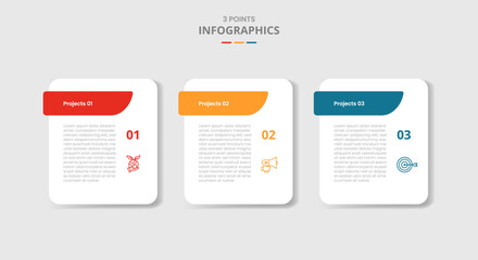 3 points template infographic with round rectangle box with fluid header badge with drop shadow style with three stage list information