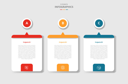 3 points template infographic with creative box with small arrow pointer and circle top badge with drop shadow style with three stage list information