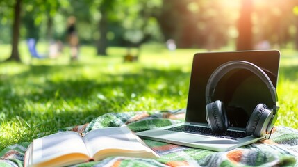 Pair of wireless headphones resting on a picnic blanket in a park surrounded by nature a laptop and an open book creating a perfect combination of leisure and technology in the outdoors