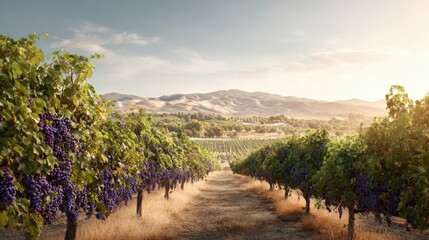 Naklejka premium Sunlit vineyard stretches across rolling hills, showcasing ripe