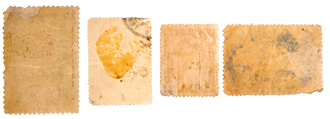 Four old blank postage stamps with transparent background