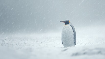 Emperor Penguin Standing in Snowstorm in Cold Icy Environment
