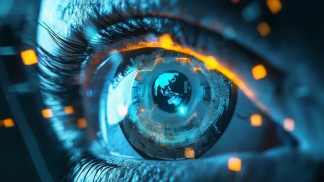 Futuristic human eye showing digital information processing technology