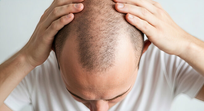 Man examining thinning hair in mirror indoors. Close-up shot highlighting concern and self-awareness. Hair loss, male pattern baldness, premature aging.